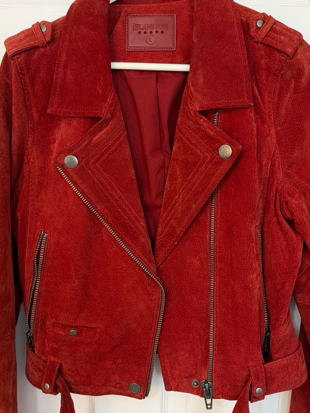 Blank NYC Red Suede Moto Jacket with Asymmetric Zip
